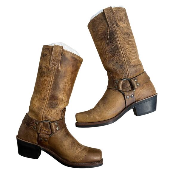 Frye Vintage Brown Leather Square Toe Harness Boots 7.5 - Picture 12 of 13